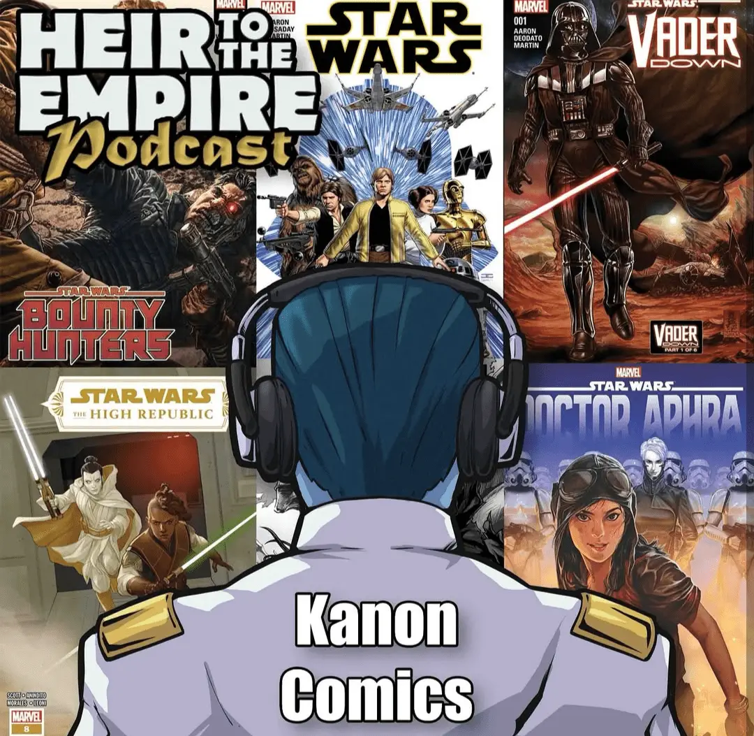 Auf dem Bild zur Kanonischen Lesetipps Folge von Heir to the Empire ist Thrawn von hinten zu sehen, der auf beliebte Comics aus dem Star Wars Universum blickt.