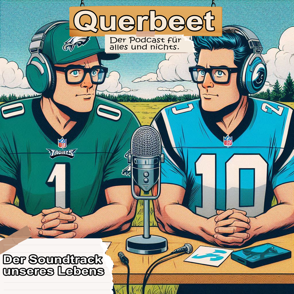 Auf dem Bild des Querbeet-Podcasts sind zwei Männer zu sehen mit jeweils einem Eagles Jersey und einem Panthers Jersey. Beide sitzen an einem Tisch mit Mikrofon.