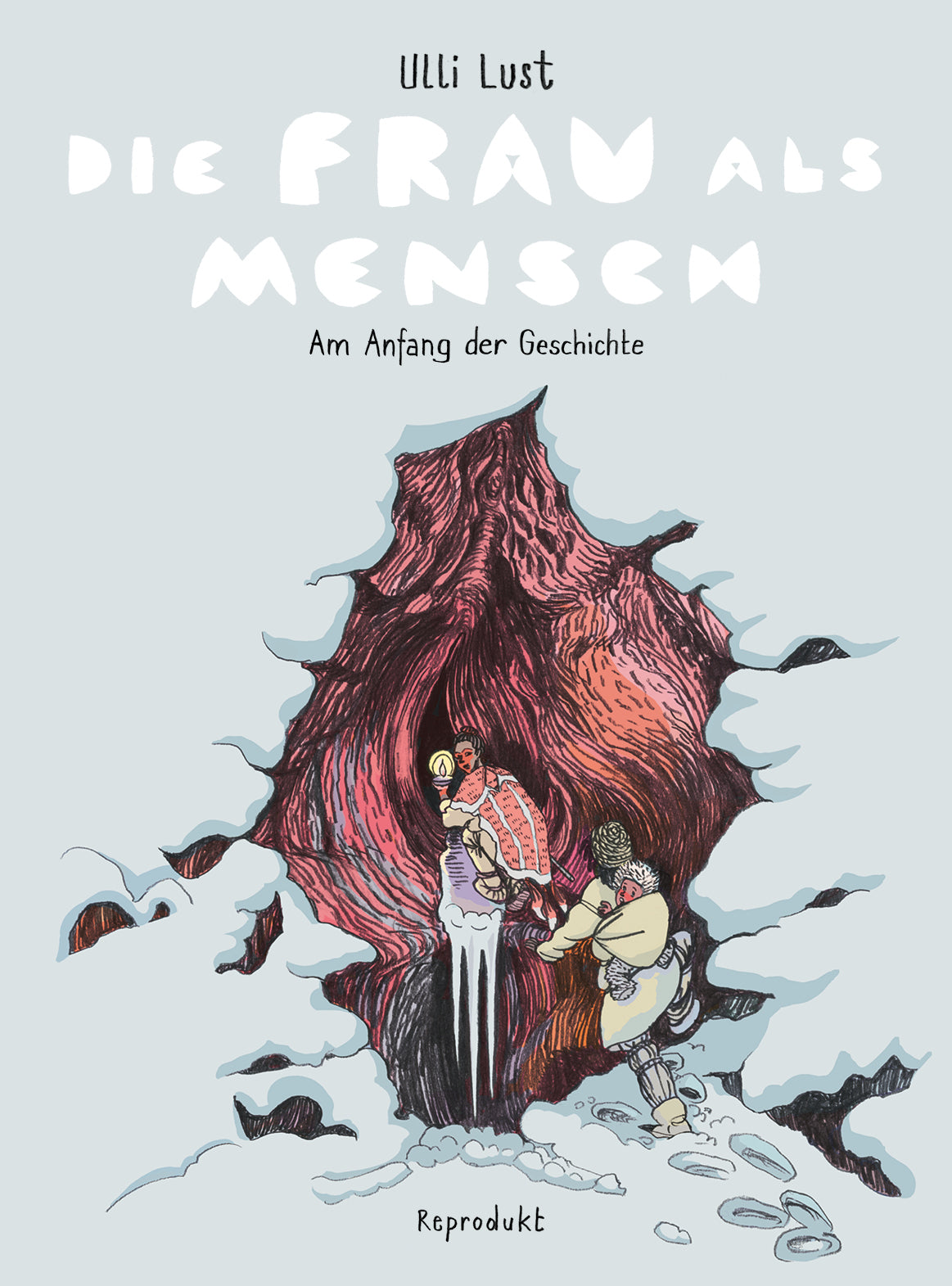 Auf dem Cover des ersten Bandes der "Dir Frau als Mensch"-Reihe ist ein großer Höhleneingang, der wie eine Vulva aussieht, zu sehen. In diesen Eingang laufen Frauen hinein.