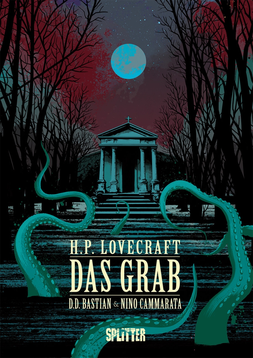 Auf dem Cover zu Lovecrafts das Grab ist ein altes Leichenhaus zu sehen in einem düsteren Weltstück.