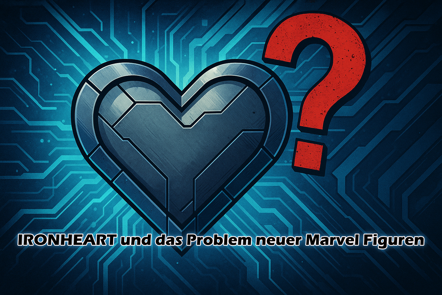 Im Beitrag zu IRONHEART ist ein stählernes Herz zu sen da umgeben ist von elektronischen Leitungen. Allles ist in einem Blau gehalten. Neben dem Herz ist ein rotes Fragezeichen.