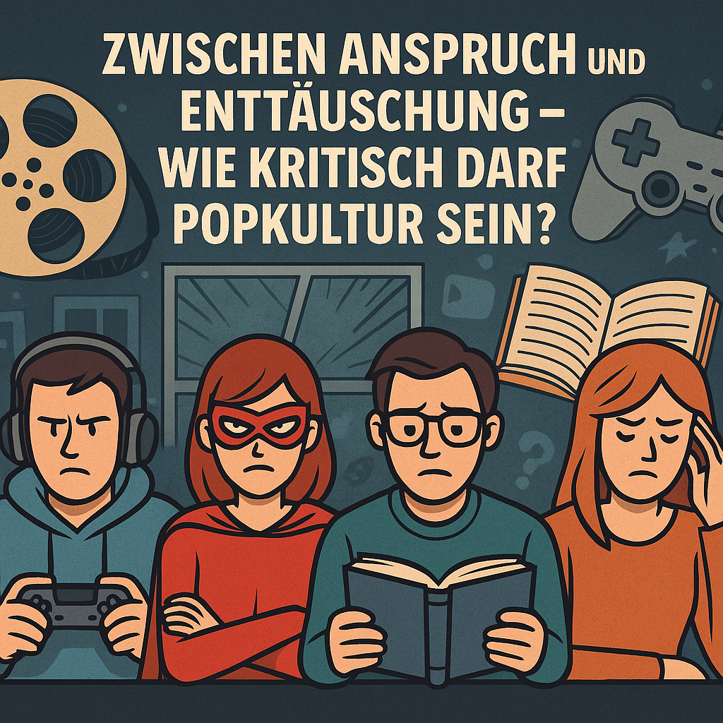 Auf dem Bild zu Popkultur-Kritik sind mehrere Personen aus der Popkultur zu sehen. Ein Gamer, Superheldin, Bücher leser und eine Nachdenkliche Person.