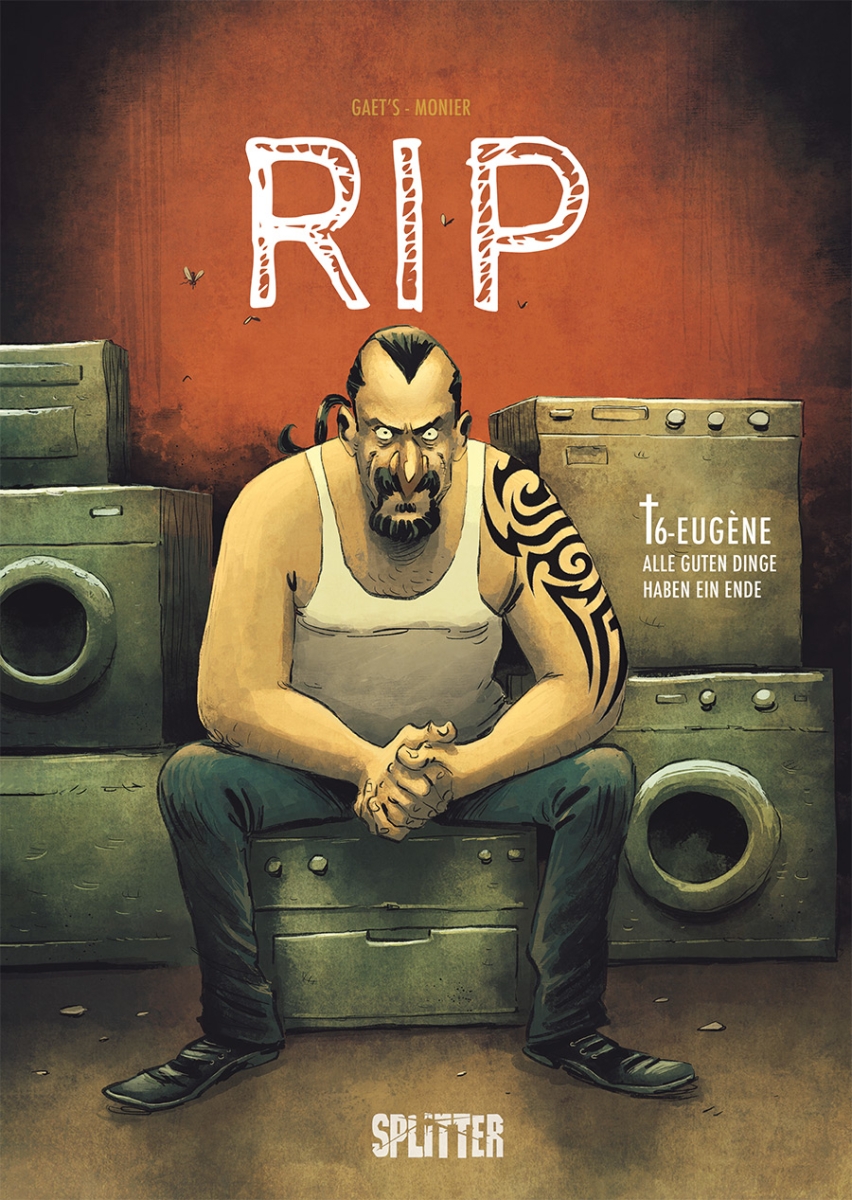 Auf dem Cover zum sechsten RIP Band ist ein Mann mit Pferdeschwanz sitzend auf einem Stuhl vor Waschmaschinen.