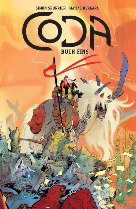 Auf dem Bild zum ersten Band von Coda ist ein Mann mit langen grauen Haaren zu sehen zusammen mit seinem Pferd, dass fünf Hörner hat.