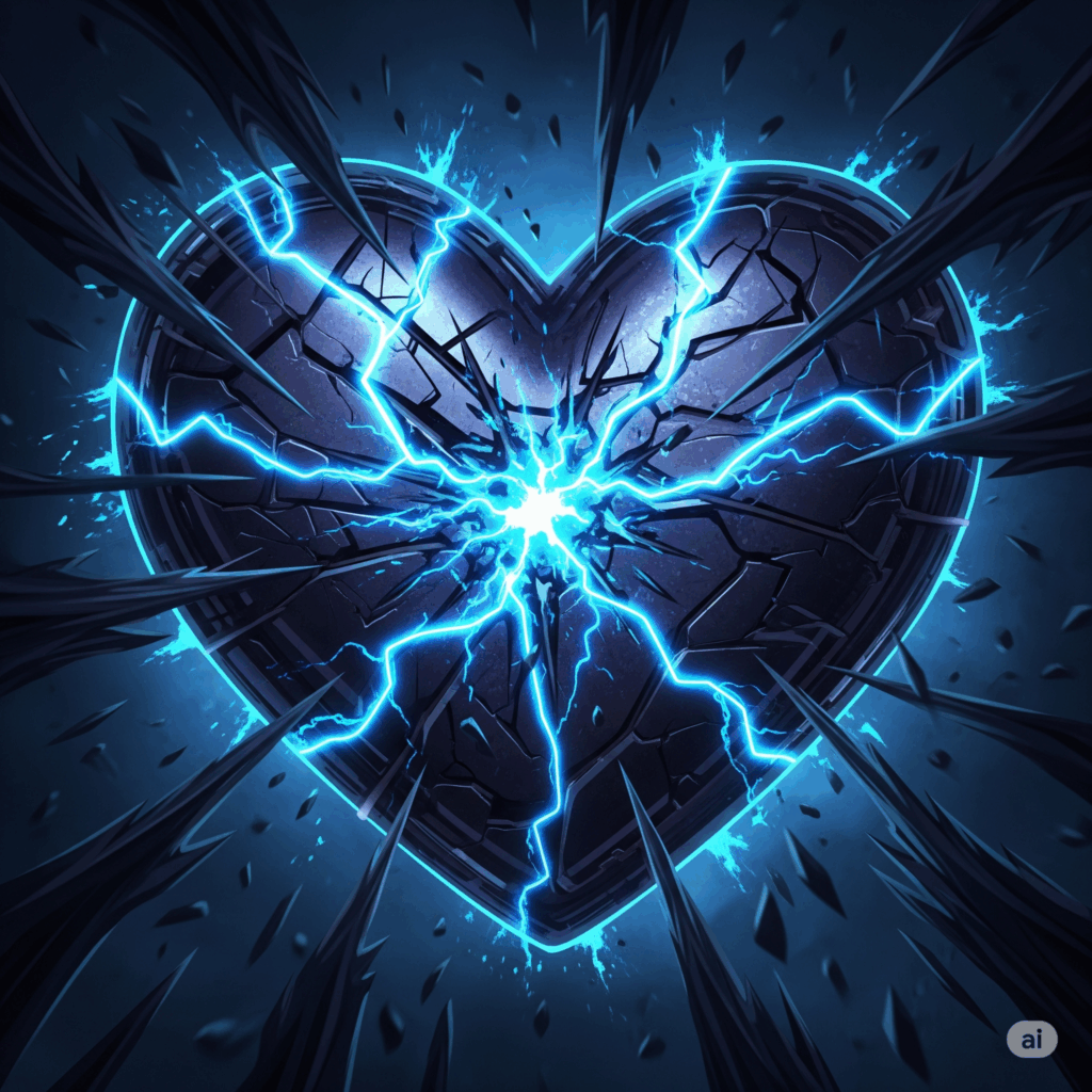 Auf dem Bild zu meinem Beitrag über die Hasswelle, die gerade Ironheart trifft. Ist ein mechanisches Herz zu sehen, dass Rissen von den schwarzen Stacheln bekommt, dass es angreift.