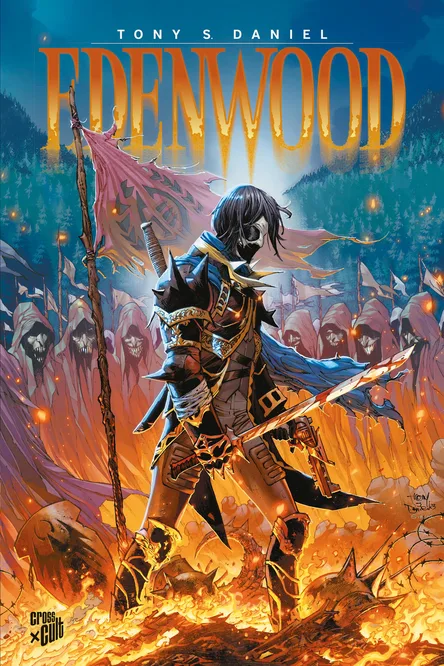 Auf dem Cover des Edenwood Comics ist ein Mann mit einem blutigen Säbel in der Hand zu sehen, gekleidet in einer viktorianischen Uniform. Der Untergrund steht in Flammen und im hintergrund sind weitere Personen zu sehen. Es sieht nach einer Schlacht aus.