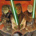 Auf dem Cover zum Kinder des Sturms Band der Hohen Republik Reihe, sind zwei Jedis zu sehen und eine Twilek mit einem Blaster.