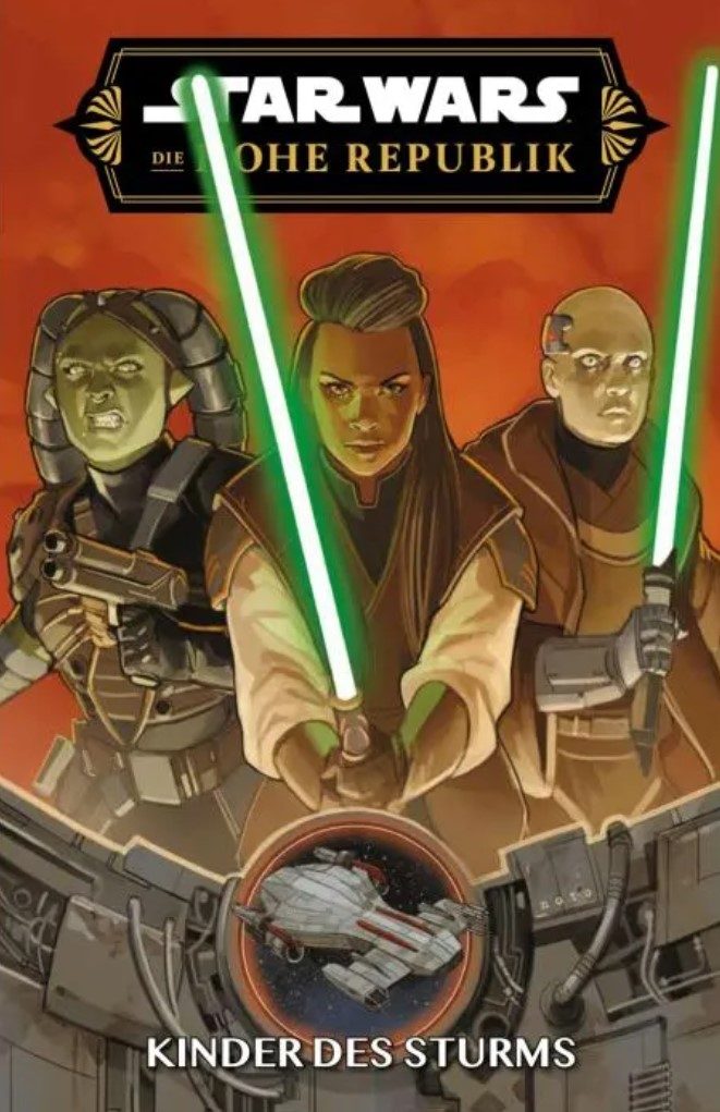 Auf dem Cover zum Kinder des Sturms Band der Hohen Republik Reihe, sind zwei Jedis zu sehen und eine Twilek mit einem Blaster.