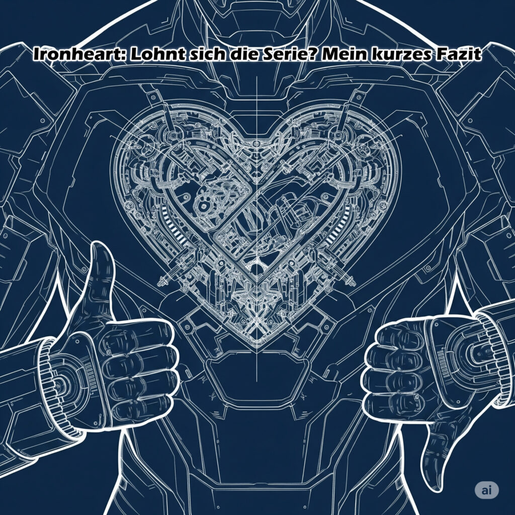 Auf diesem Bild zum Beitrag über mein Fazit zur Ironheart Serie, siehst du den Brustkorb eines mechanischen Anzugs als Blaupause. Die Hände zeigen jeweils Daumen hoch und Daumen runter.