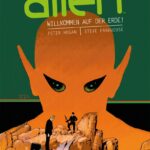 Auf dem Cover zum ersten Band der Resident Alien Reihe sind Militäreinheiten zu sehen, die Überreste von einem Raumschiff untersuchen. Im Hintergrund ist eine Silhoutte eines Aliens zu sehen.
