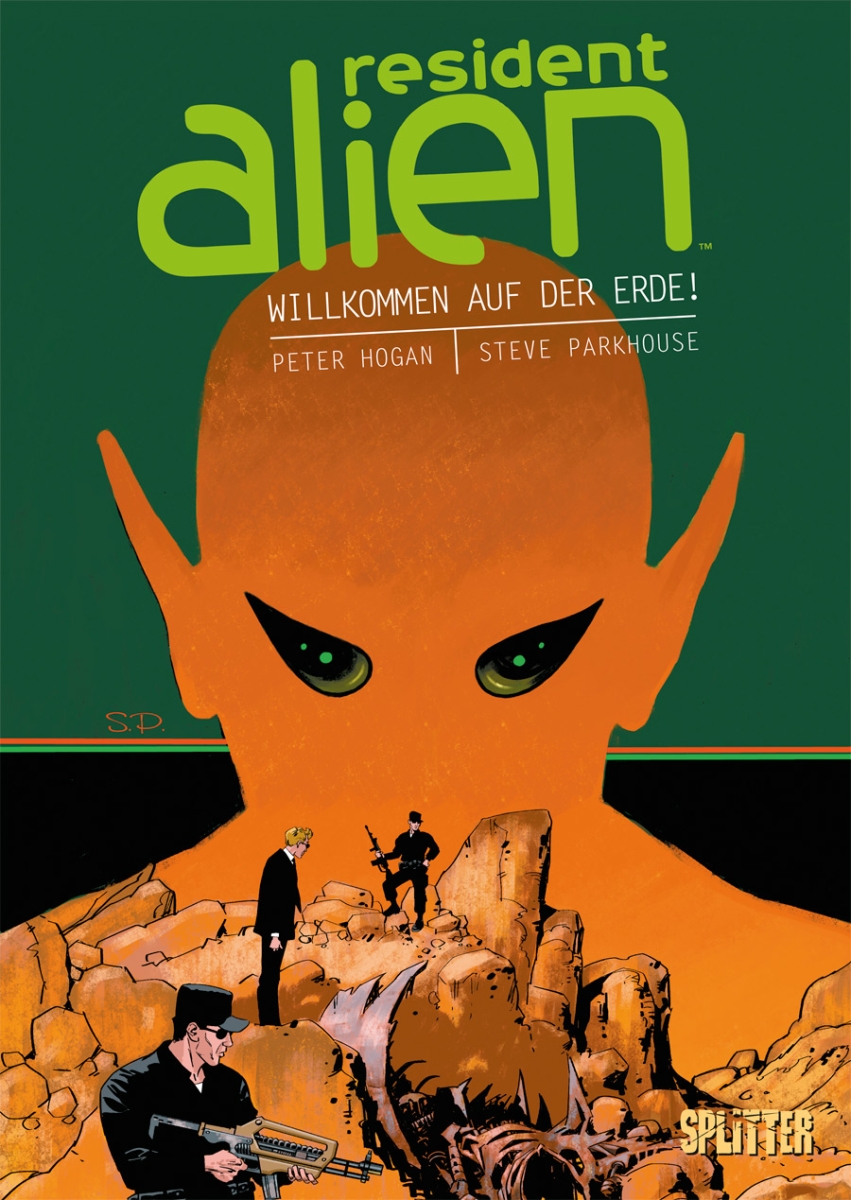 Auf dem Cover zum ersten Band der Resident Alien Reihe sind Militäreinheiten zu sehen, die Überreste von einem Raumschiff untersuchen. Im Hintergrund ist eine Silhoutte eines Aliens zu sehen.