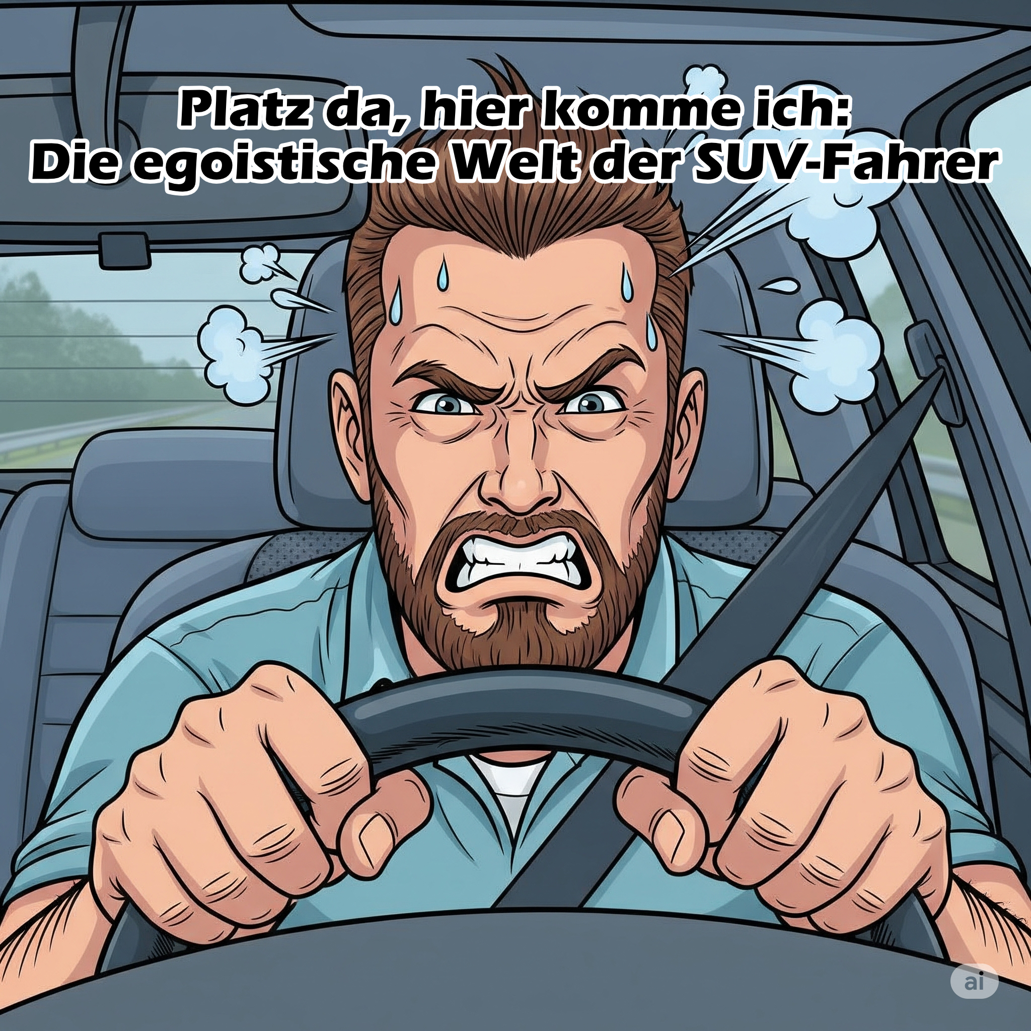 Im Beitrag über SUV-Fahrer, ist ein wütender Mann mit bruanem Vollbart und braunen kurzen Haaren zu sehen. Er steuert einen PKW.