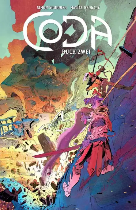 Auf dem Cover zu Coda Band 2 ist unser Held Hum zu sehen zusammen mit seiner Frau, die einen Berg erklimmen. Links von ihnen in der Schlucht ist ein Riese zu sehen, der eine Schneise der Verwüstung hinter sich lässt.