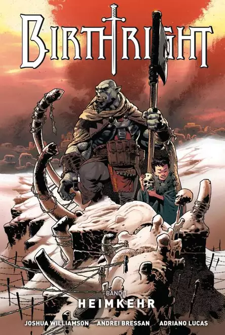 Auf dem Cover zum ersten Birthright Band ist ein kleiner Junge zu sehen, der neben einem Orc auf einem riesigen Skelett steht.