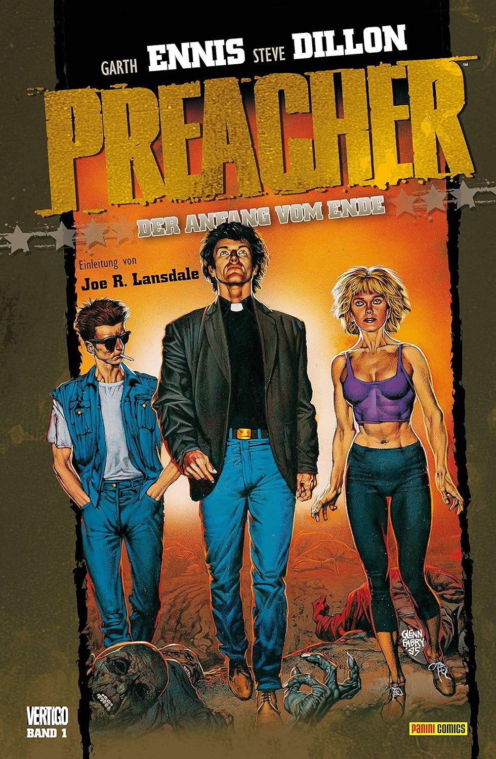 Auf dem Cover des ersten Preacher Bandes sind die drei Hauptfiguren Cassady, Jesse und tulip zu sehen. Von links nach rechts.