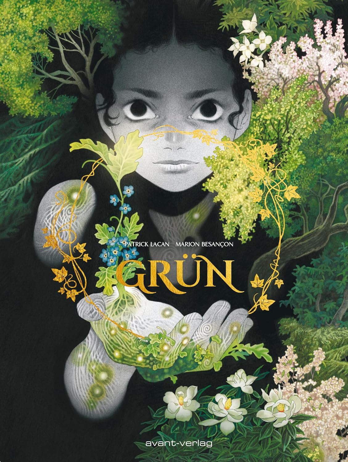 Auf dem Cover zum Comic Grün ist ein Mensch zu sehen, der die Hand in Richtung des Betrachters streckt und umhüllt von Blumen, Gräser und Ästen ist.