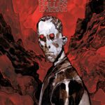 Auf dem Cover des Comics Der letzte Tag des Howard Philip Lovecrafts ist H. P. Lovecraft zu sehen der seitlich zum Betrachter steht und ihn direkt ansieht. Seine AUgen sind Blutrot genauso wie der Hintergrund hinter ihm.