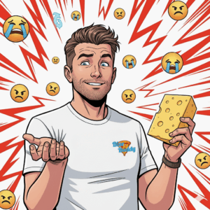 Auf dem Bild zu meinen Beitrag über die Milram Debatte, bin ich zu sehen mit einem Stück Käse in der Hand. Das ganze in einem Comic Stil.