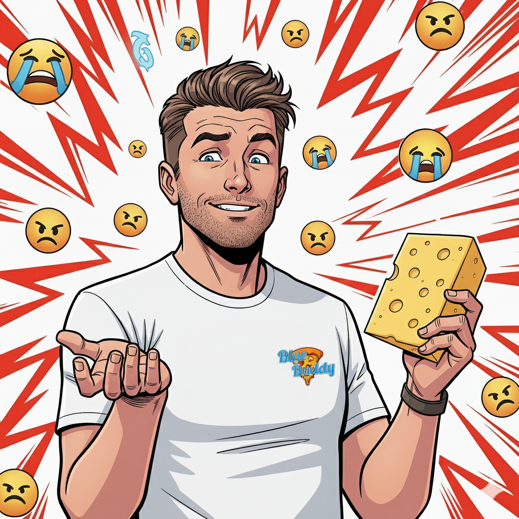 Auf dem Bild zu meinen Beitrag über die Milram Debatte, bin ich zu sehen mit einem Stück Käse in der Hand. Das ganze in einem Comic Stil.