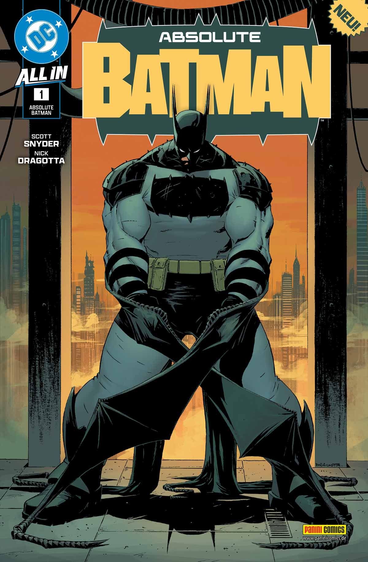 Auf dem Cover zum ersten Absolute Batman Cover ist ein extrem muskulöser Batman zu sehen, der die Faust zum Bodne hin ballt als würd er in Handschellen gehen.