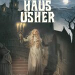 Auf dem Cover zum Haus Usher Comic ist eine Blonde Frau in einem weißen Gewandt abgebildet, die mit einem Kerzenständer eine lange Treppe herunterschreitet.