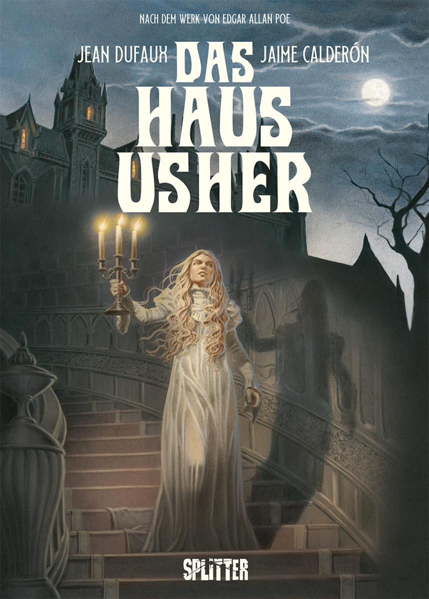 Auf dem Cover zum Haus Usher Comic ist eine Blonde Frau in einem weißen Gewandt abgebildet, die mit einem Kerzenständer eine lange Treppe herunterschreitet.