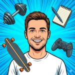 Auf dem Cover zum Hobby Beitrag von mir bin ich zu sehen, miit kurzen braunen Haaren und einem breiten Lachen. Um mich herum schweben meine Hobbys wie eine Kurzhantel, Schreibblock, Controller und eine Longboard.