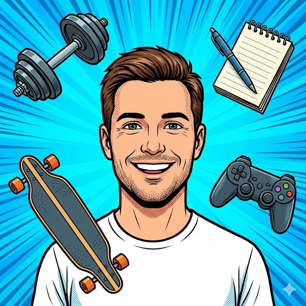 Auf dem Cover zum Hobby Beitrag von mir bin ich zu sehen, miit kurzen braunen Haaren und einem breiten Lachen. Um mich herum schweben meine Hobbys wie eine Kurzhantel, Schreibblock, Controller und eine Longboard.