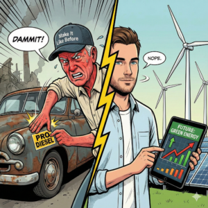 In meinem Beitragsbild über Babyboomer ist auf der linken Seite ein wütender Babyboomer zusehen, der einen Pro Diesel Aufkleber auf sein altes Auto klebt. Auf der rechten Seite bin ich zu sehen, der ein Tablett ins Bild hält das zeigt wie wirtschaftlich Green Energy ist. Im Hinterggrund sind Windräder und Solarzellen zu sehen.