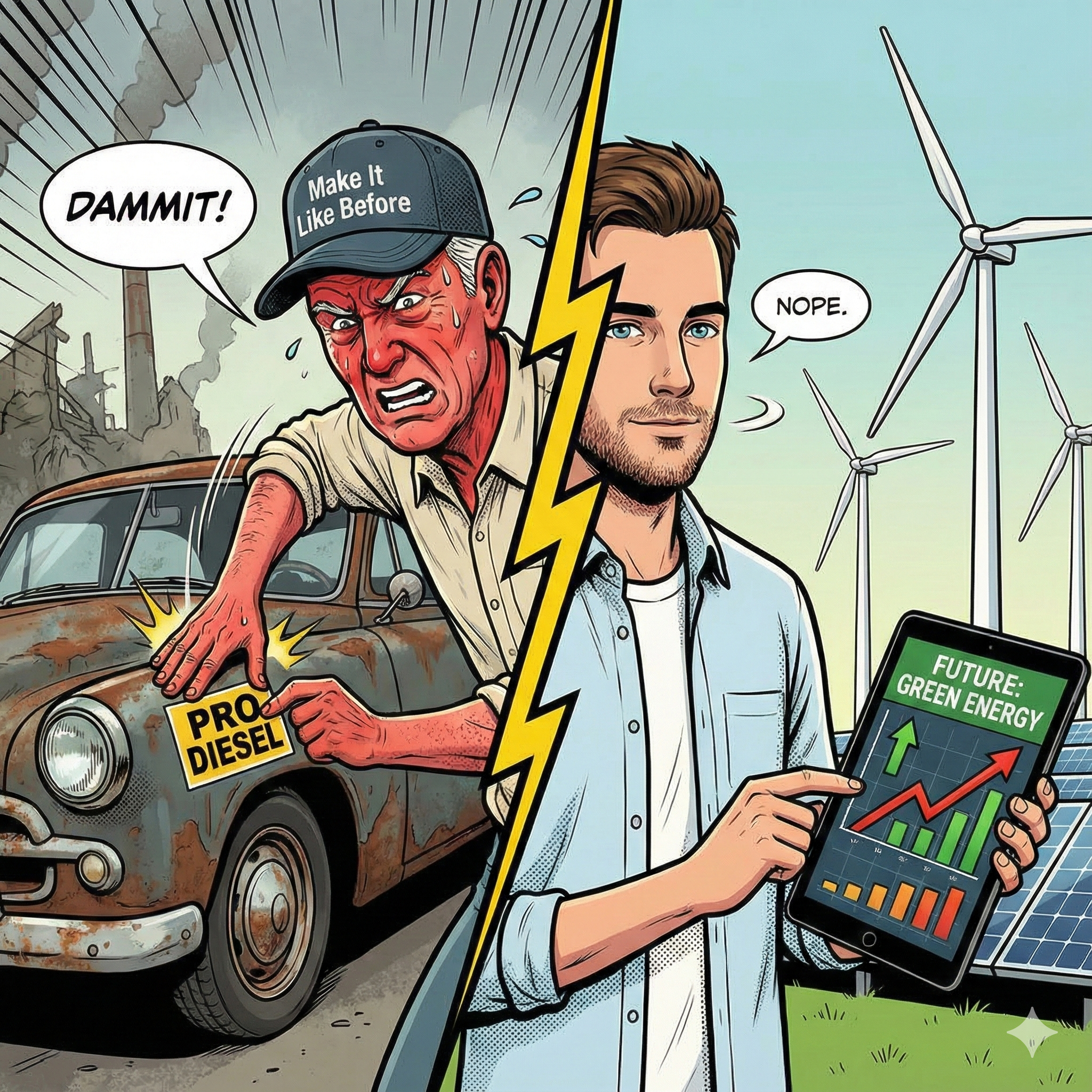 In meinem Beitragsbild über Babyboomer ist auf der linken Seite ein wütender Babyboomer zusehen, der einen Pro Diesel Aufkleber auf sein altes Auto klebt. Auf der rechten Seite bin ich zu sehen, der ein Tablett ins Bild hält das zeigt wie wirtschaftlich Green Energy ist. Im Hinterggrund sind Windräder und Solarzellen zu sehen.