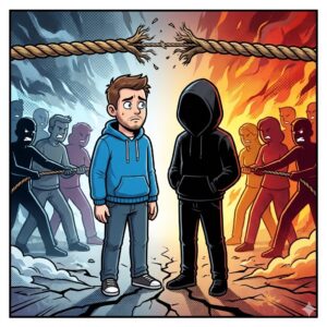 Auf dem Bild zu meinem Kulturkampf Beitrag siehst du mich und meinen Co-Autoren und im Hintergrund sind zwei lager von Menschen die Tauziehen. Symbolisch für den Kultur Kampf