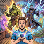 Auf dem Cover zu meinem Erfahrungsberucht über Raid Shadow Legends bin ich zu sehen mit dem Handy in der Hand und aus dem Handy kommen Kael und Galek heraus durch ein Portal mit ganz vielen Magie Effekten.