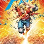 Auf dem Cover zu Flash das erste Jahr sehen wir wie Barry Allen auf den Betrachter zu sprintet. Umgeben von Blitzen auf einer steinernen Straße. Seine Kleidung löst sich langsam durch die Geschwindigket auf.