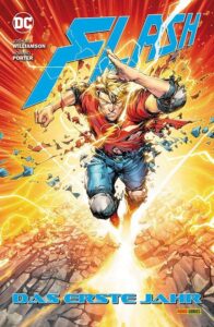 Auf dem Cover zu Flash das erste Jahr sehen wir wie Barry Allen auf den Betrachter zu sprintet. Umgeben von Blitzen auf einer steinernen Straße. Seine Kleidung löst sich langsam durch die Geschwindigket auf.