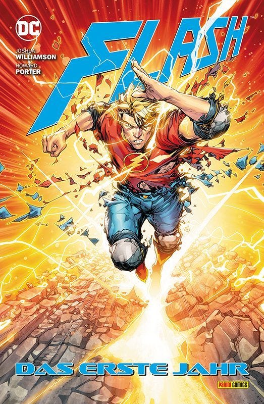 Auf dem Cover zu Flash das erste Jahr sehen wir wie Barry Allen auf den Betrachter zu sprintet. Umgeben von Blitzen auf einer steinernen Straße. Seine Kleidung löst sich langsam durch die Geschwindigket auf.
