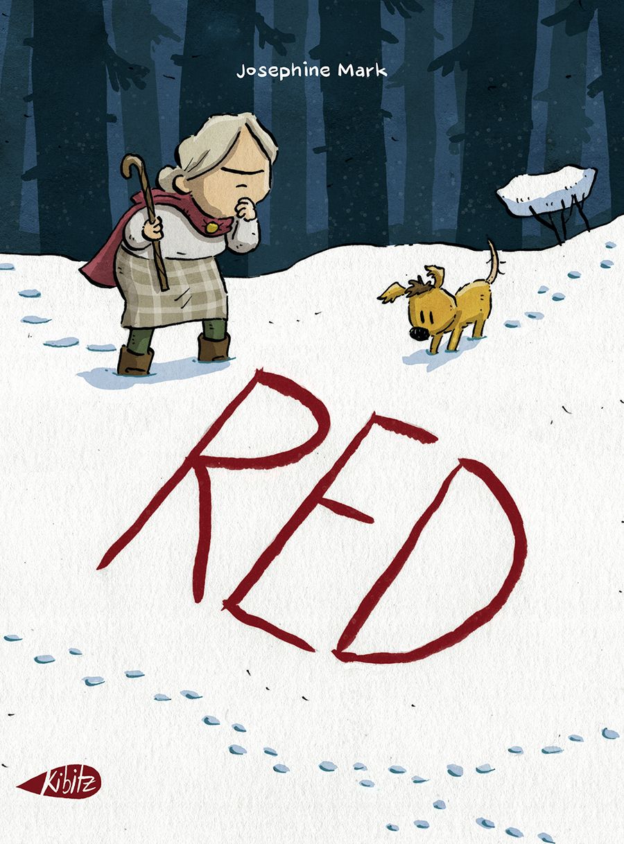 Auf dem Cover von Red ist eine ältere Frau zu sehen, die mit einem dreibeinigen Hund durch eine Schneelandschaft läuft. Auf dem Schneeboden vor ihnen steht der schriftzug Red Fett in Blutroter schrift.