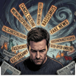 Auf dem Bild zu meinem Beitrag zum Thema Cancel Culture bin ich zu sehen mit gesenktem haupt. Um mich herum schwirren schlagwörter und im Hintergrund sehen wir eine Welt die in Trümmern liegt begraben unter Zeitungen.