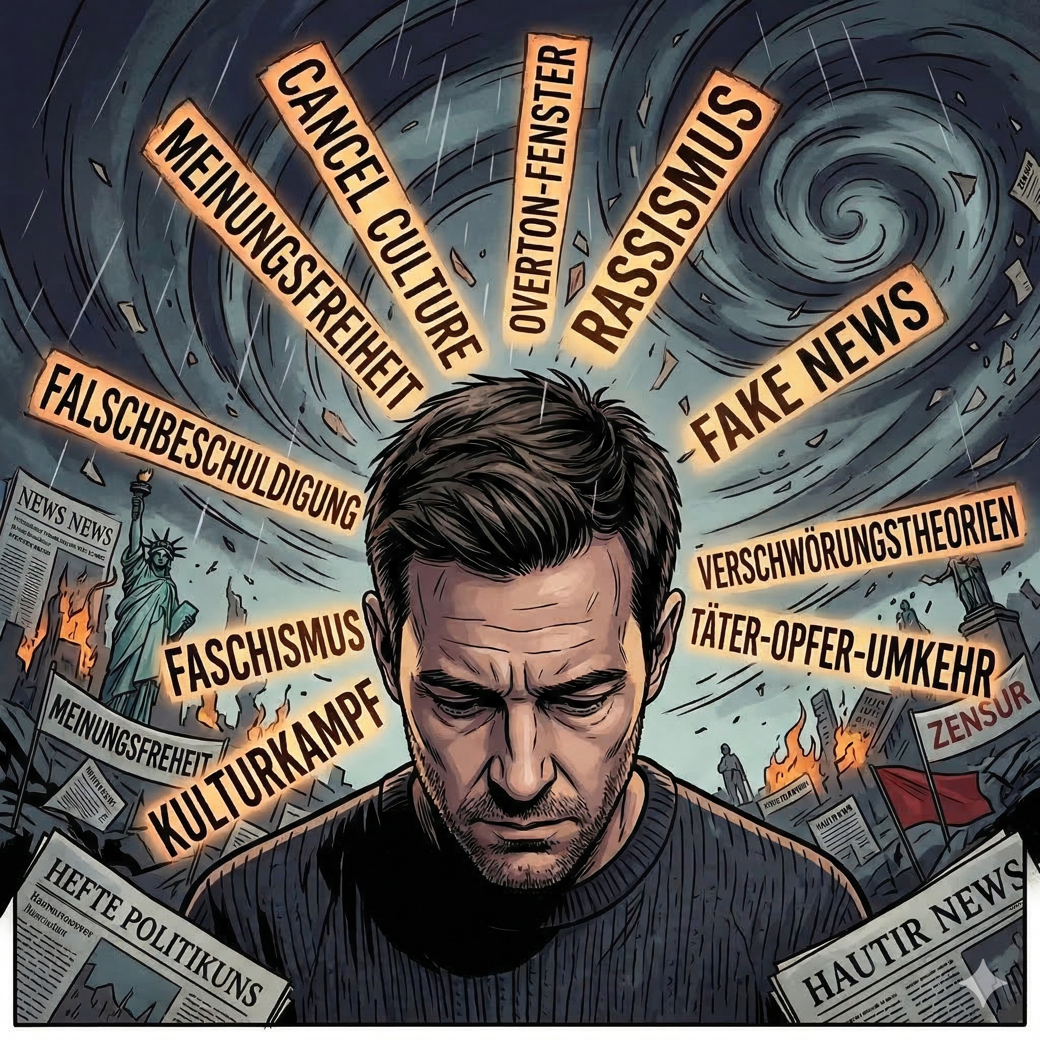 Auf dem Bild zu meinem Beitrag zum Thema Cancel Culture bin ich zu sehen mit gesenktem haupt. Um mich herum schwirren schlagwörter und im Hintergrund sehen wir eine Welt die in Trümmern liegt begraben unter Zeitungen.