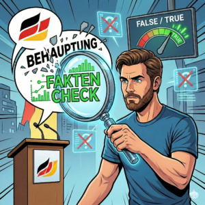 Im Beitragsbild zu Faktencheck CDU bin ich zu sehen, der eine riesige Lupe vor sich hält und die Behauptungen der CDU untersucht. Im Hintergrund sieht man ein Fals/True-Meter.