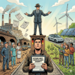 Auf dem Bild zu meinem offenen Brief an Herr Merz bin ich zu sehen mit eine Tablet in der hand zum Betrachtenden gerichtet. Im Hintergrund ist ein Mann auf einem Podest zu sehen. Links von ihm die Hart arbeitende Bevölkerung und rechts eine grüne Zukunft mit Menschen mit Ideen.