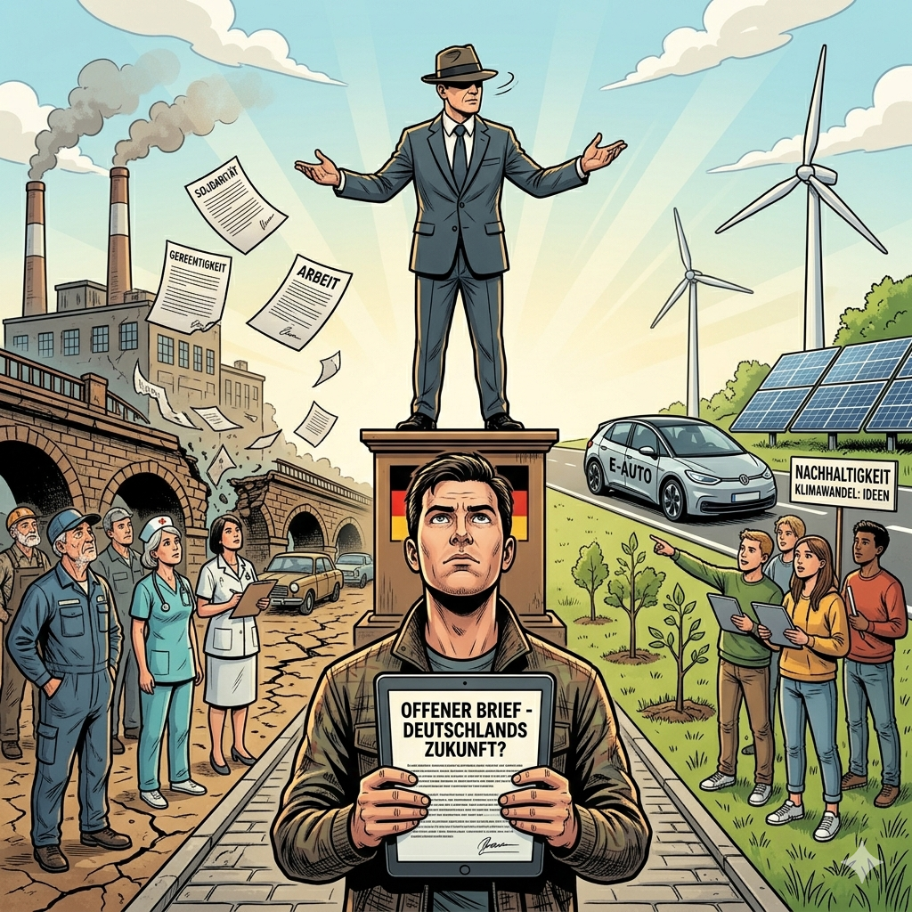 Auf dem Bild zu meinem offenen Brief an Herr Merz bin ich zu sehen mit eine Tablet in der hand zum Betrachtenden gerichtet. Im Hintergrund ist ein Mann auf einem Podest zu sehen. Links von ihm die Hart arbeitende Bevölkerung und rechts eine grüne Zukunft mit Menschen mit Ideen.