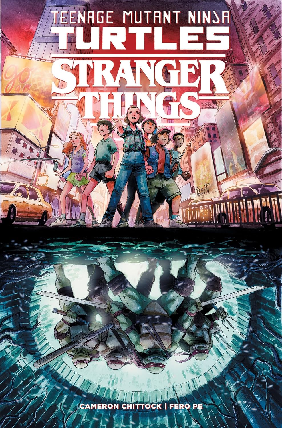 Auf dem Cover zum Crossover von Stranger Things und Teenage Mutant Ninja Turtles sind beide Franchises jedenfalls in der gegengesetzten Bildhälfte zu sehen. Die turtles sind dabei auf den Kopf gestellt. Also thematisch passend zu Stranger Things Upside Down.