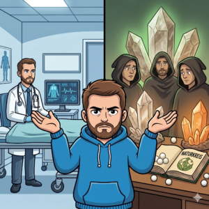 In meinem Beitrags Bild zum Thema, wie Heilpraktiker unser Gesundheitssystem schädigen bin ich im vordergrund zu sehen und im Hintergrund auf der Linken Seite ein helles Labor, auf der rechten Seite Heilsteine Globulis und dunkle gestalten.