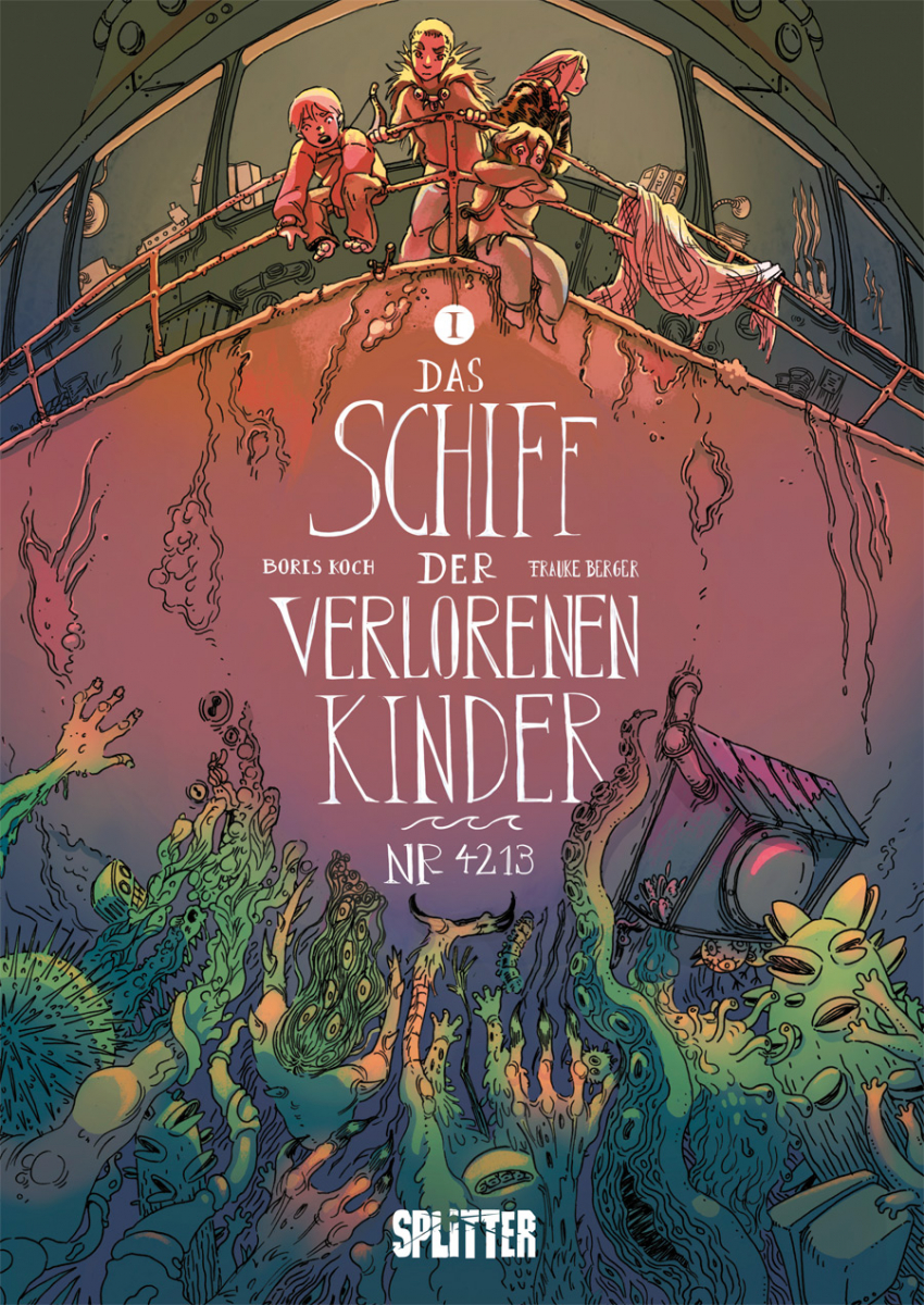 Auf dem Cover zum Comic das Schiff der verlorenen Kinder ist der Bug eines Schiffs zu sehen. Oben an der Reling stehen Kinder die Hinabblickenund ein Meer von Monster sehen.