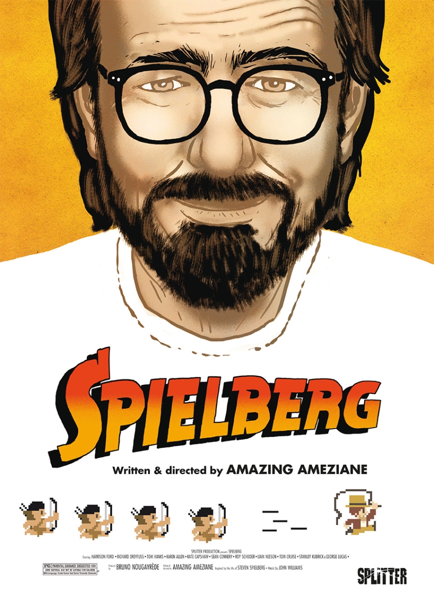 Auf dem Cover zur Comic Biografie von Steven Spielberg ist der Nachname des Regisseurs zu sehen in der Schriftart von Inidana Jones. Großflächig ziert ein Portrait des Regisseurs das Cover und unten am Rand ist eine Pixelgrafik von Indiana Jones zu sehen.